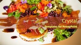  Presentation with chilli - Presentation with goat-cheese-salad-strawberry-melon background and a tawny brown colored foreground