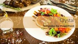  Presentation with chilli - PPT theme having goat-cheese-salad-strawberry-melon background and a yellow colored foreground