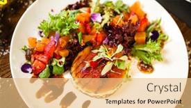  Presentation with modern food - PPT theme with goat-cheese-salad-strawberry-melon background and a coral colored foreground