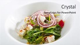  Presentation with restaurant menu - Cool new slides with green salad with goat cheese spinach tomato and red onion rings isolated on white background restaurant starter menu with fresh spinacia and chard leaves tomatoes greens spices close up backdrop and a sky blue colored foreground