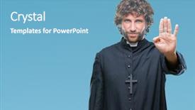  Presentation with hand palm - Colorful slide deck enhanced with god control - handsome hispanic catholic priest man backdrop and a teal colored foreground