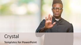  Presentation with hand palm - Amazing theme having god control - young african american priest man backdrop and a lemonade colored foreground