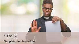  Presentation with defense - PPT theme with god control - young african american priest man background and a soft green colored foreground