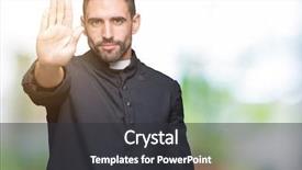  Presentation with hand palm - PPT layouts with god control - young christian priest over isolated background and a dark gray colored foreground