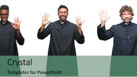  Presentation with christian african american men - Beautiful slides featuring god count - collage of christian priest men backdrop and a ocean colored foreground