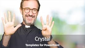  Presentation with baptism ceremony priest - Slide set with god count - middle age priest man wearing background and a dark gray colored foreground