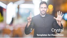  Presentation with christian apologetics - Theme featuring god count - young christian priest over isolated background and a gray colored foreground