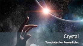  Presentation with finger - PPT theme featuring god create world - touching planet with finger background and a ocean colored foreground