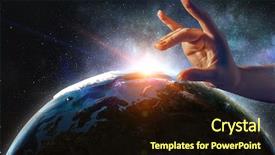  Presentation with finger - PPT theme with god create world - touching planet with finger background and a wine colored foreground