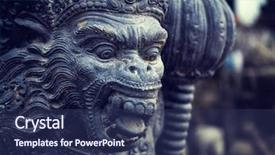  Presentation with bali temple - Cool new PPT layouts with god evil - stone sculpture on entrance door backdrop and a navy blue colored foreground