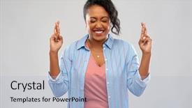  Presentation with african people - Presentation theme featuring young woman holding fingers cross background and a light blue colored foreground