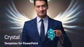  Presentation with angel wings - Presentation featuring capitalist - angel investor concept with businessman background and a navy blue colored foreground