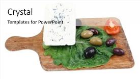  Presentation with mold - Colorful theme enhanced with gogonzola mold cheese on wooden platter with olives and tomato isolated over white background backdrop and a white colored foreground