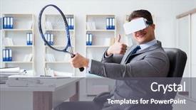  Presentation with virtual reality rehabilitation - Cool new presentation with raquet - businessman playing virtual reality tennis backdrop and a  colored foreground