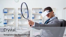  Presentation with virtual reality shooter - PPT theme with sports waste - businessman playing virtual reality tennis background and a  colored foreground