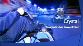  Presentation with car racing track - Audience pleasing PPT theme consisting of going - two go-carts racing close backdrop and a cobalt blue colored foreground