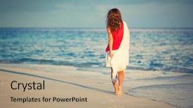  Presentation with sunset beach - Colorful slide deck enhanced with going away - attractive young woman walking along backdrop and a coral colored foreground