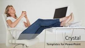  Presentation with feet - PPT theme enhanced with going away - casual businesswoman having a coffee background and a soft green colored foreground