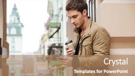  Presentation with street - Colorful PPT layouts enhanced with going away - handsome man walking on street backdrop and a coral colored foreground