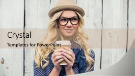  Presentation with coffee - Amazing slide set having going away - pensive fashionable blonde holding coffee backdrop and a coral colored foreground