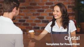  Presentation with customer service face of pretty - Slides enhanced with going away - pretty smiling barista serving background and a tawny brown colored foreground