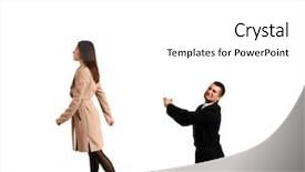  Presentation with woman sad - Slide deck featuring going away - sad man bending the knee background and a white colored foreground