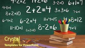  Presentation with school desk - Slide deck consisting of going back to school concept with blackboard full of numbers and a busy student desk background and a tawny brown colored foreground