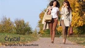  Presentation with autumn - PPT theme consisting of friends walking - two cheerful girls twins background and a coral colored foreground