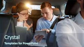  Presentation with car business - Beautiful presentation theme featuring going work - businesspeople with computer and tablet backdrop and a ocean colored foreground