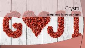  Presentation with goji - Colorful presentation enhanced with goji berries as a heart and letters on old white wooden table top view backdrop and a soft green colored foreground