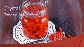  Presentation with goji - Audience pleasing PPT layouts consisting of goji berries in glass bottle on lace doily with silver spoon on rustic wooden table background backdrop and a tawny brown colored foreground