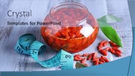  Presentation with goji - Amazing presentation design having goji berries in glass bowl with measuring tape and leaves on color wooden table background backdrop and a light blue colored foreground