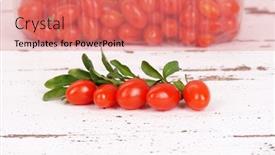  Presentation with goji - Slide set consisting of goji berries with leaves with commercial pack background and a coral colored foreground