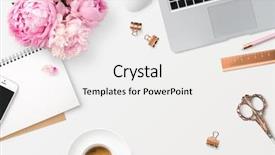  Presentation with headline - Colorful theme enhanced with gold - feminine workspace with laptop computer backdrop and a white colored foreground