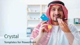  Presentation with mining - PPT layouts with gold banking mobile - arab man with bitcoin background and a  colored foreground