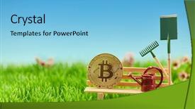  Presentation with mobile banking - PPT theme having gold banking mobile - bitcoin coin on bank background and a light blue colored foreground