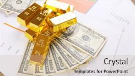  Presentation with gold bars - Cool new PPT theme with waste charts - gold bars with dollar banknotes backdrop and a soft green colored foreground