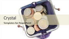  Presentation with gold silver - Colorful slide deck enhanced with gold bronze and silver coins are in a violet purse isolated on white a great number of coins symbolize wealth richness income and profit close up shot backdrop and a lemonade colored foreground