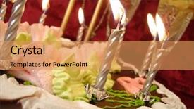  Presentation with birthday cake and candle - Presentation with gold cacke - celebratory table birthday cake background and a coral colored foreground