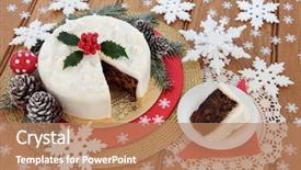  Presentation with christmas holly - Audience pleasing theme consisting of gold cacke - traditional christmas cake and slice backdrop and a coral colored foreground