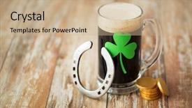  Presentation with celebration - Slides with gold coins on wooden table background and a soft green colored foreground