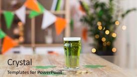  Presentation with green gold - PPT theme featuring gold coins on wooden table background and a soft green colored foreground