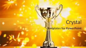  Presentation with gold trophy - Audience pleasing slide deck consisting of gold cup trophy against shiny backdrop and a yellow colored foreground