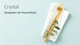  Presentation with gold design - Presentation design having gold-cutlery-with-eucalyptus-branches background and a sky blue colored foreground