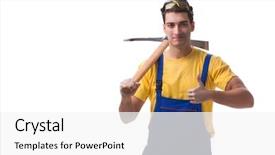  Presentation with contractor - Amazing PPT theme having gold digger - young man contractor with axe backdrop and a white colored foreground