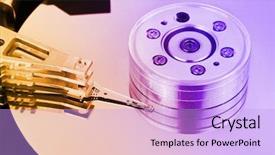 Presentation with hard disk - Amazing PPT theme having gold disc - computer hard disk - technology backdrop and a light blue colored foreground