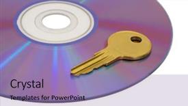  Presentation with key - Slide set having gold disc - key on computer cd isolated background and a coral colored foreground