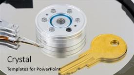  Presentation with computer security - PPT theme having gold disc - key on computer harddrive security background and a mint green colored foreground