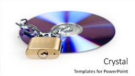  Presentation with padlock - Colorful slides enhanced with gold disc - padlock and cd on white backdrop and a white colored foreground