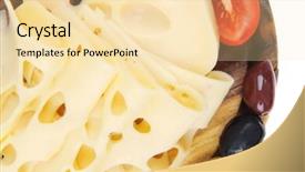  Presentation with white cheese - Colorful PPT theme enhanced with gold edam cheese sliced on wooden platter with olives and tomato isolated over white background backdrop and a lemonade colored foreground